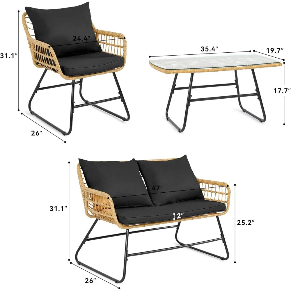 Patio Furniture Wicker Bistro Set, 4-Piece All Weather Rattan Conversation Loveseat Sets