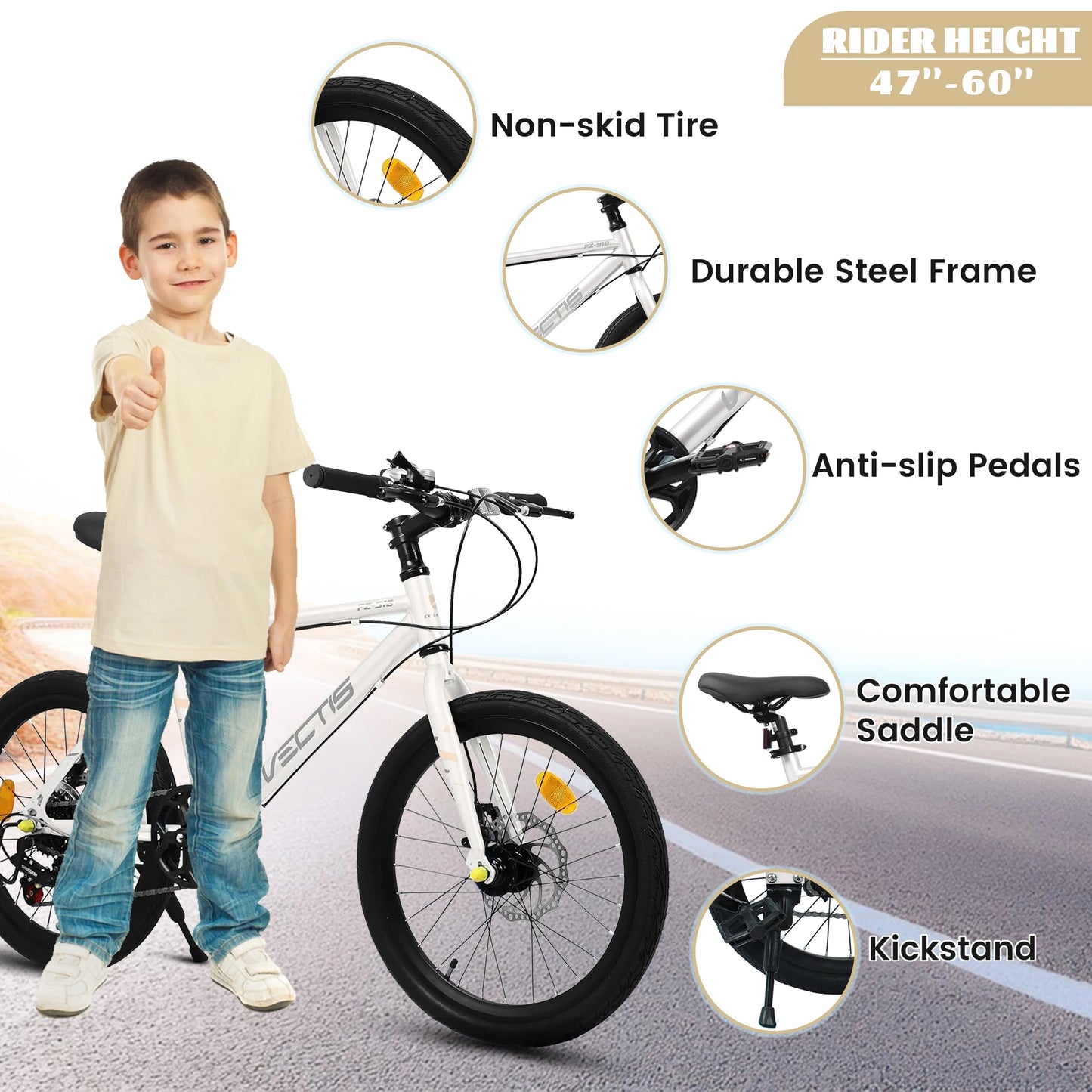 20 Inch Kids Bike for Boys Girls, 7-Speed Children Road Bike Steel Frame,Dual Disc Brakes,Ages 6-12