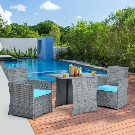 3PCS Outdoor Rattan Conversation Set Patio Dining Table Set w/ Turquoise