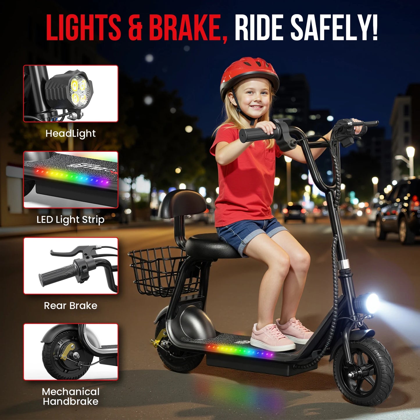 Kids E-Scooter, Blue tooth Speaker Foldable Design Seat, Basket LED Light Strip 11MPH Speed 132lbs