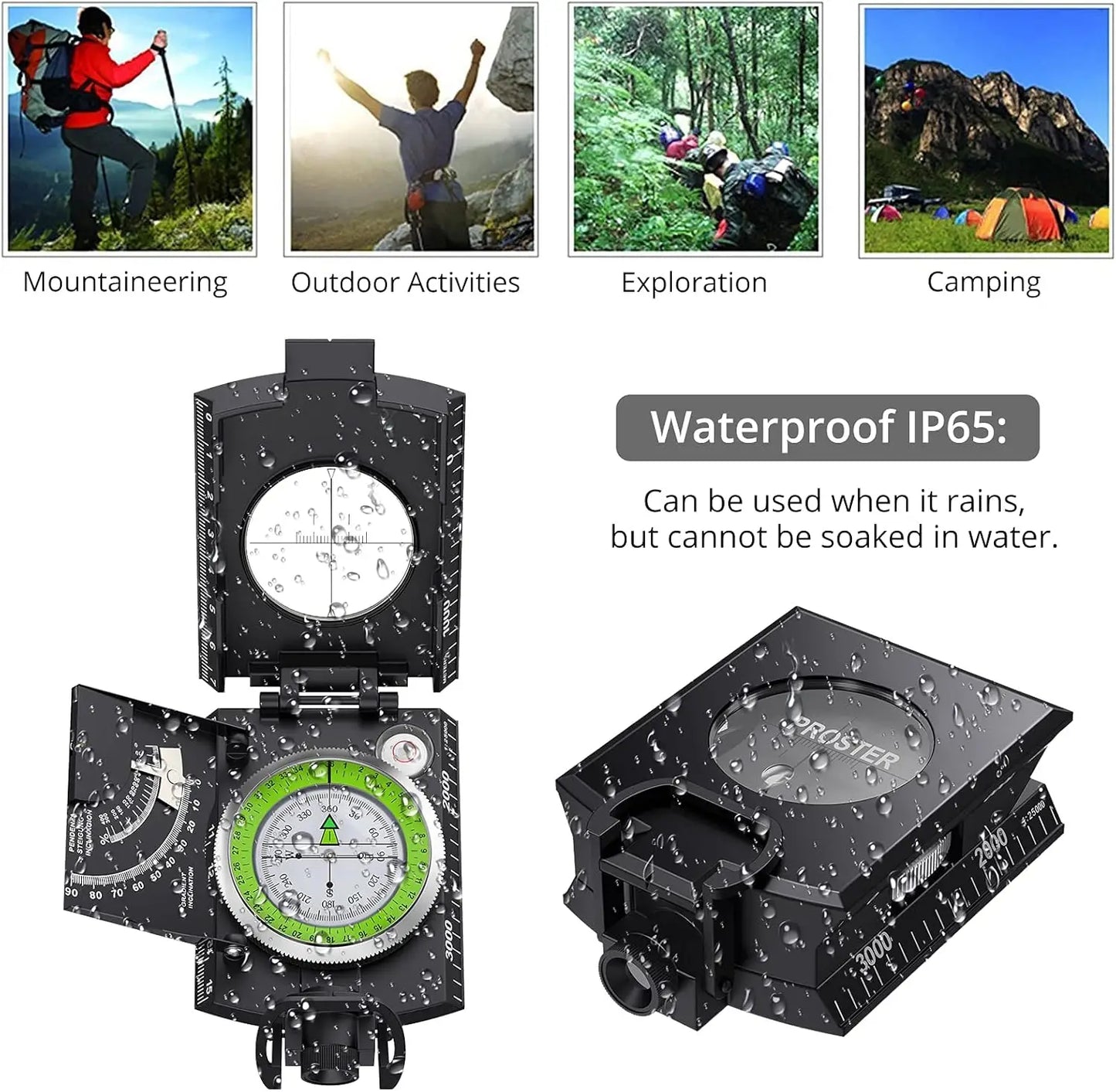 Waterproof Compass Hiking, Fluorescent Scale, Compass Navigation,Clinometer & Carry Bag Militar