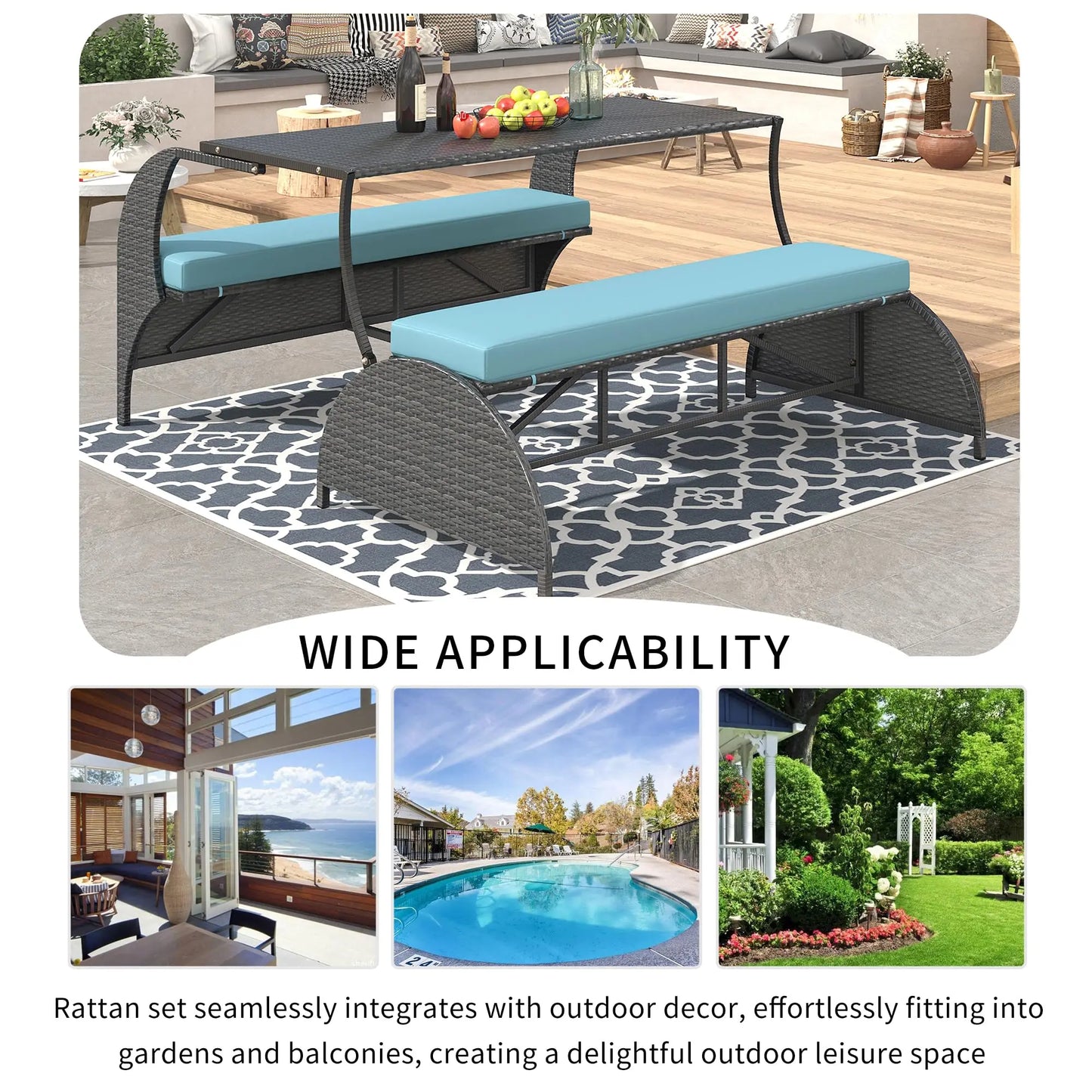 Outdr Rattan Loveseat Convertible Picnic Upholstered Bench Table Patio Convertible,4 Seats,1 Table