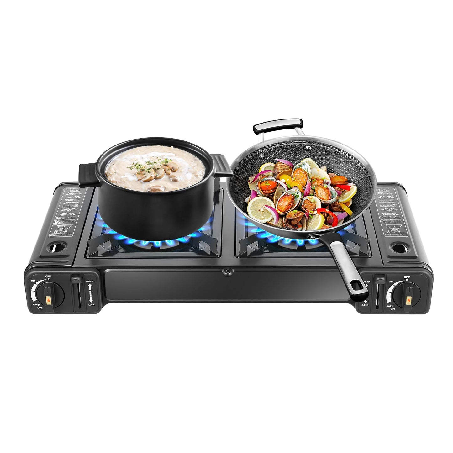 Butane Camping Stove W/ 2 Burners ignition Stove Grill Tray Picnic Cooker Stove Frying Pan