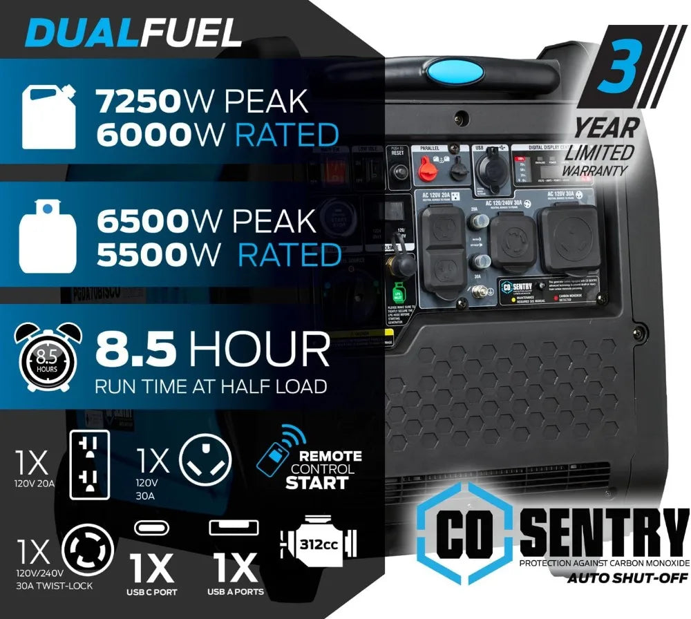 Super Quiet 7250W GAS/PROPANE Inverter Generator, Remote Start, 120V/240V Output, NOT SOLAR