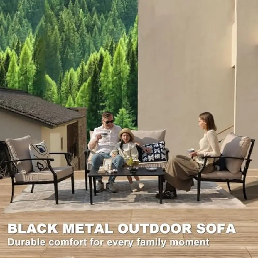 4-Piece Set, Wider Outdoor Metal Seating Sofa ,High Back & Loveseat, Coffee Table, All Weather Metal
