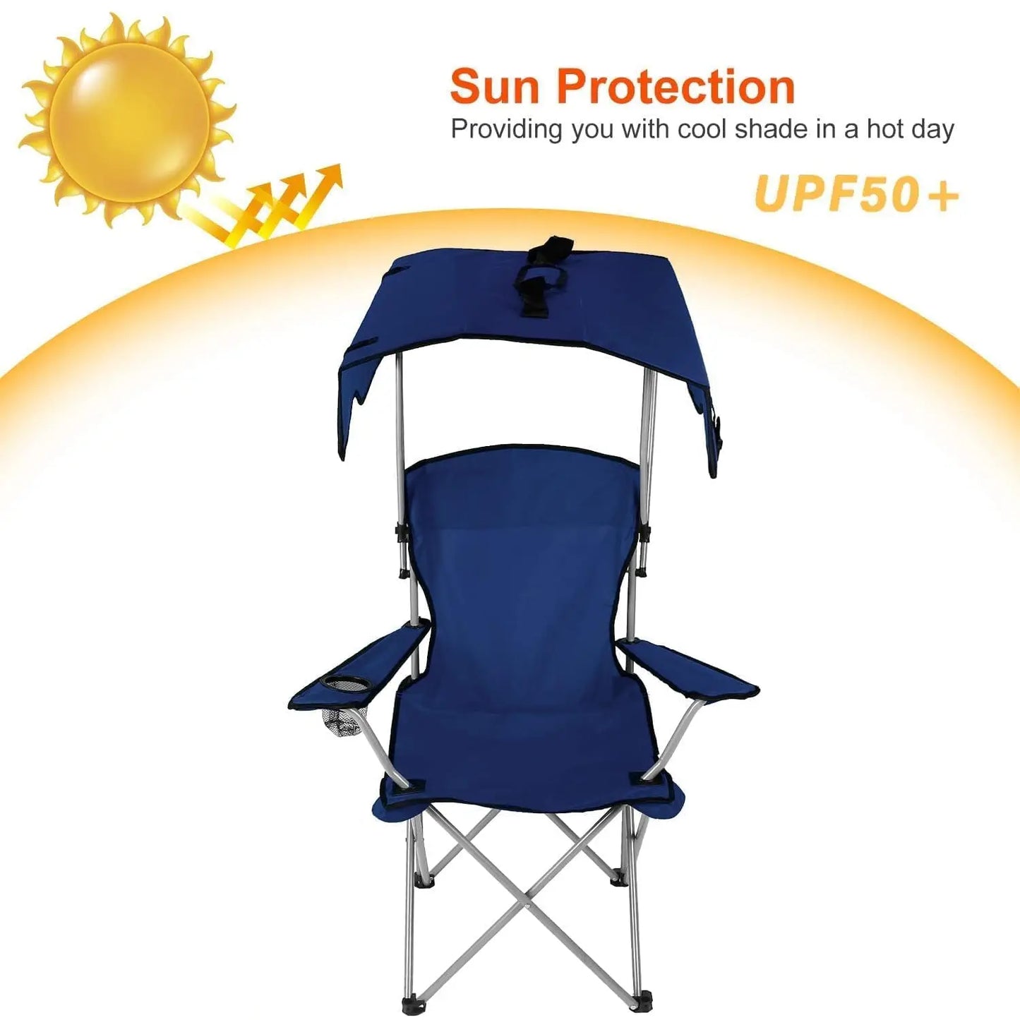 Camping Chair w/Canopy, Folding Lounge Chair, Adjust UPF 50+ Sun Shade & Cup Holder, Reclines