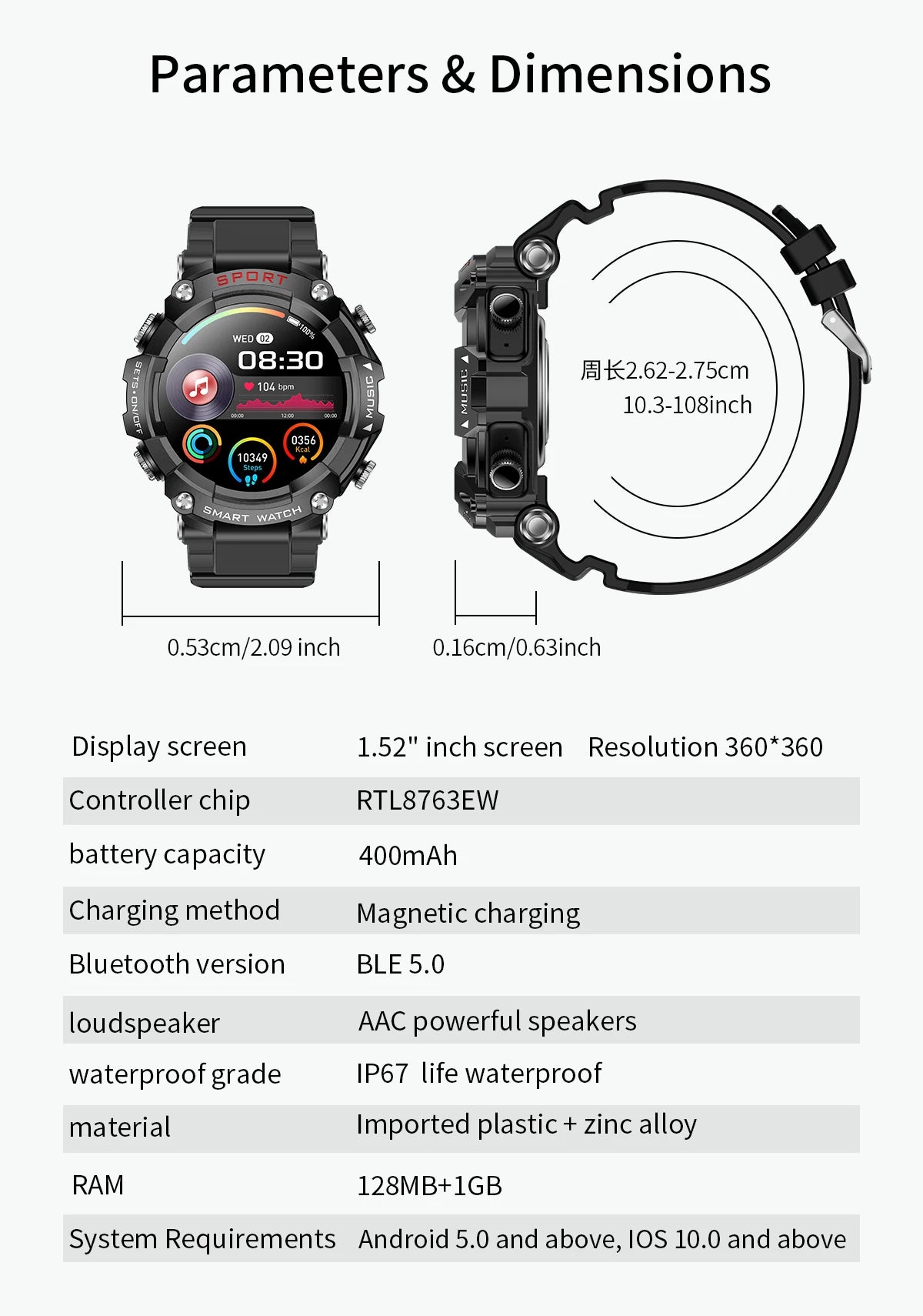 Smart Watch AMOLED Display In-Ear Bluetooth Headset Heart Rate Blood P, Oxygen Sat. Monitoring HD