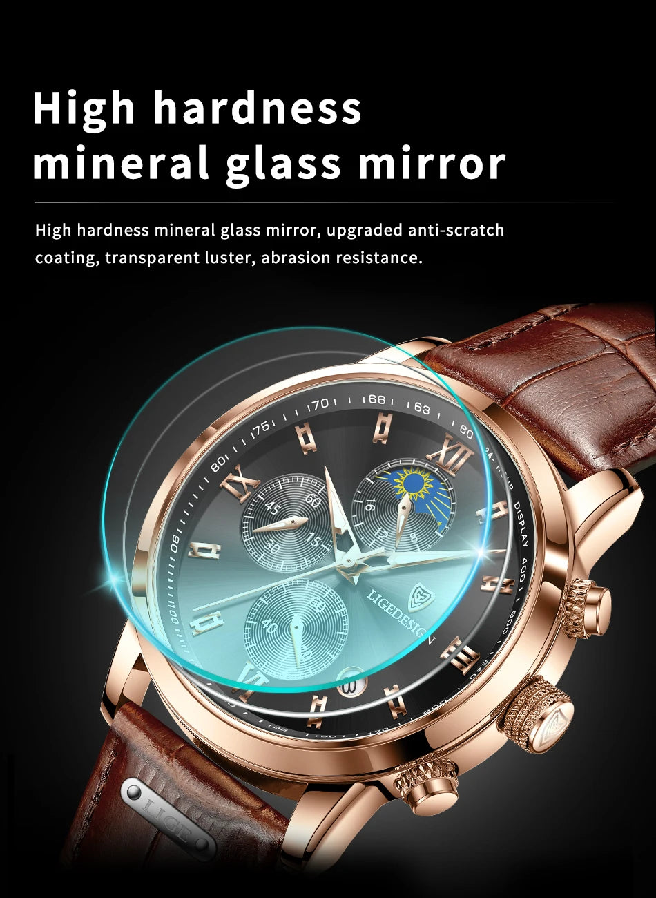 LIGE Business Watch Men Fashion Leather Military Waterproof Mn's Quartz 24 Hour Moon Phase