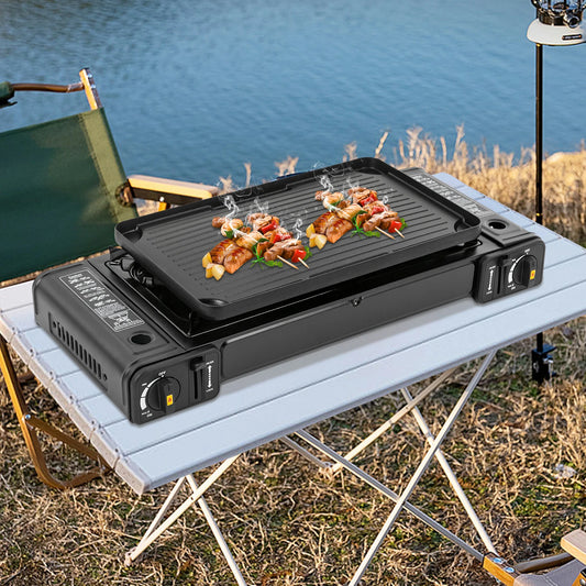 Camping Stove Dual Burner W/Grill Tray & Storage Case Portable Outdoor Cooking ,Picnic BBQ Hiking