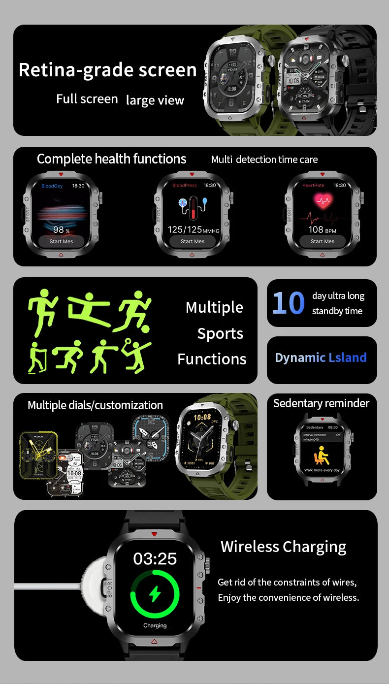 Smart Watch Bluetooth Voice Call LED Flashlight Health Monitor Outdoor Sports Smart