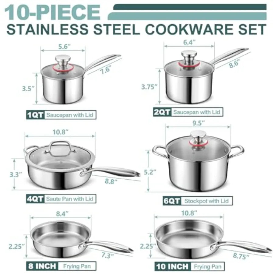 3Ply Stainless Steel Pots,Pans,10 Pcs Stainless Cookware Kitchen Induction Nontoxic Kitchen Cooking