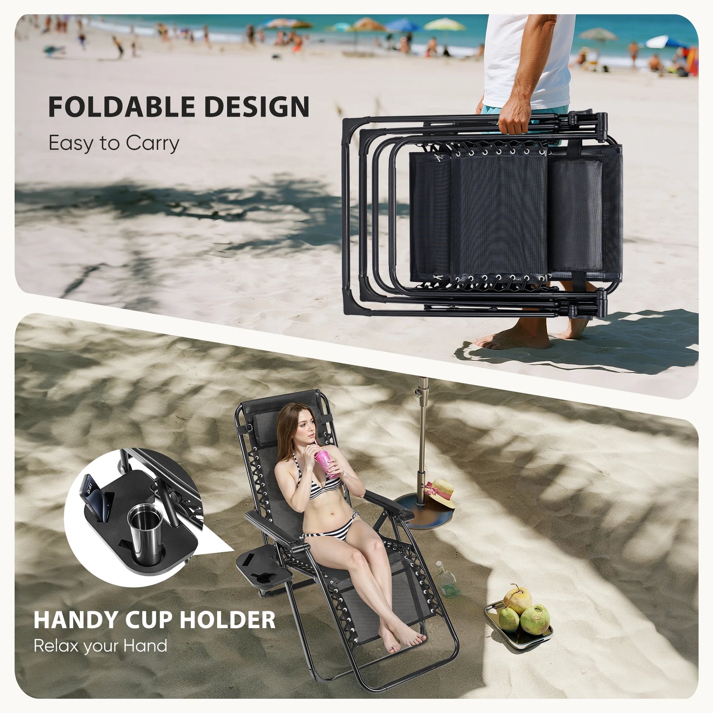 Zero Gravity Set 2 Portable Recliner Camping Patio Outdoor Chair,Cup Holder Trays Adjustable Pillow