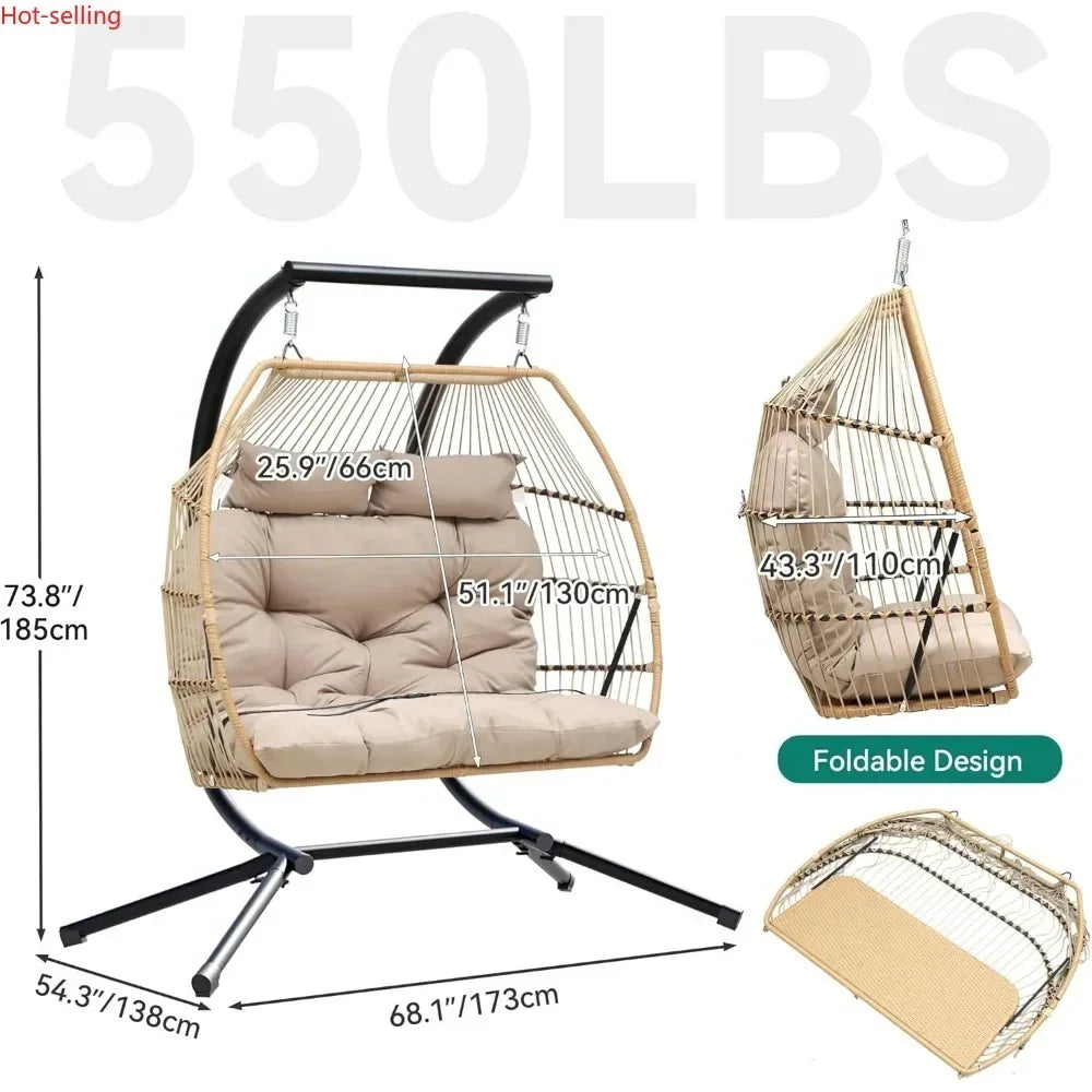 2 Person Hanging Egg Swing Chair,W/Stand, Wicker Indoor Outdoor Hammock, Cushions 550lbs, Patio