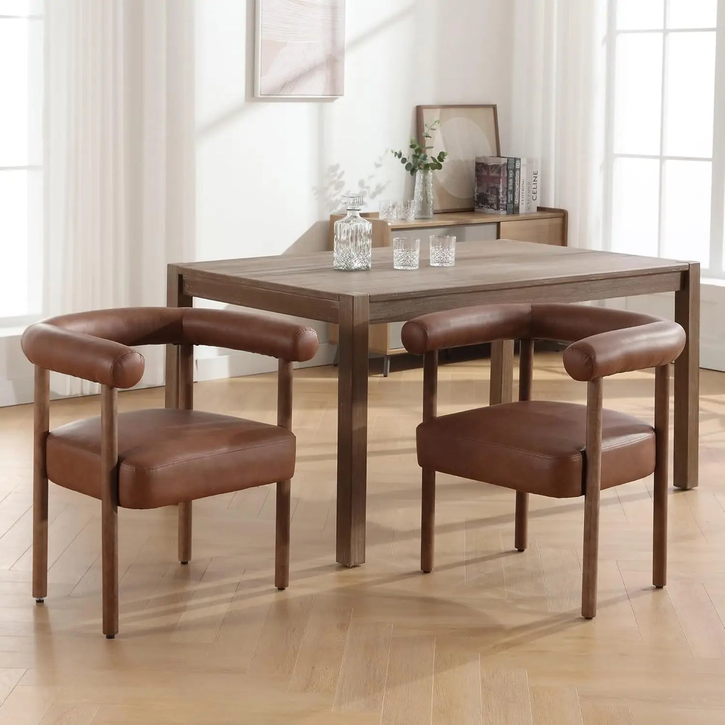 Mid-Century 2 Modern Dining Chairs, Armrest Barrel Side Accent Chairs Curved Back, Upholstered,wood