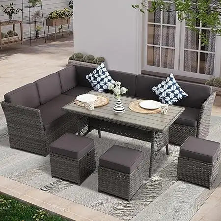 7 Piece Patio Set, Outdoor PE Wicker Rattan, Dining Table, Chairs Set, Patio Conversation Sofa patio