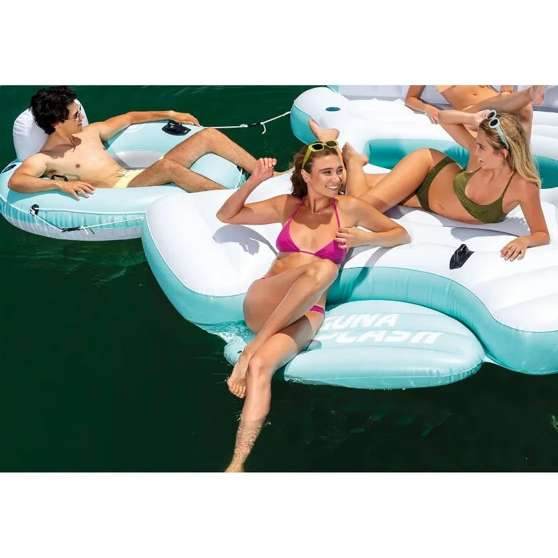 Laguna Splash Island Floating Water Raft, 2 Detachable Solo Lounge Tubes, Built-in Cupholders, Blue