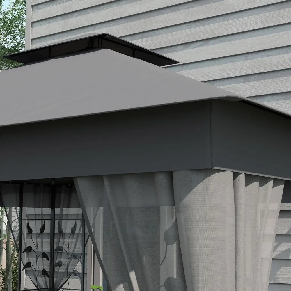 10' x 10' Metal Patio Gazebo, Double Roof Outdoor Canopy Shelter with Tree Motifs Corners,Netting,