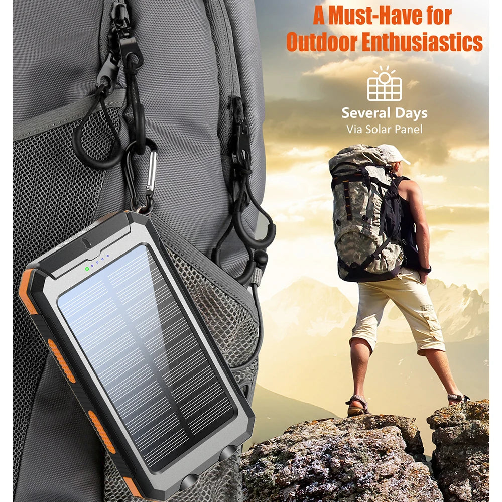 10000mAh Solar Charging Power Bank,Dual USB & Type C Output Port Multichargerlashlight and Compass