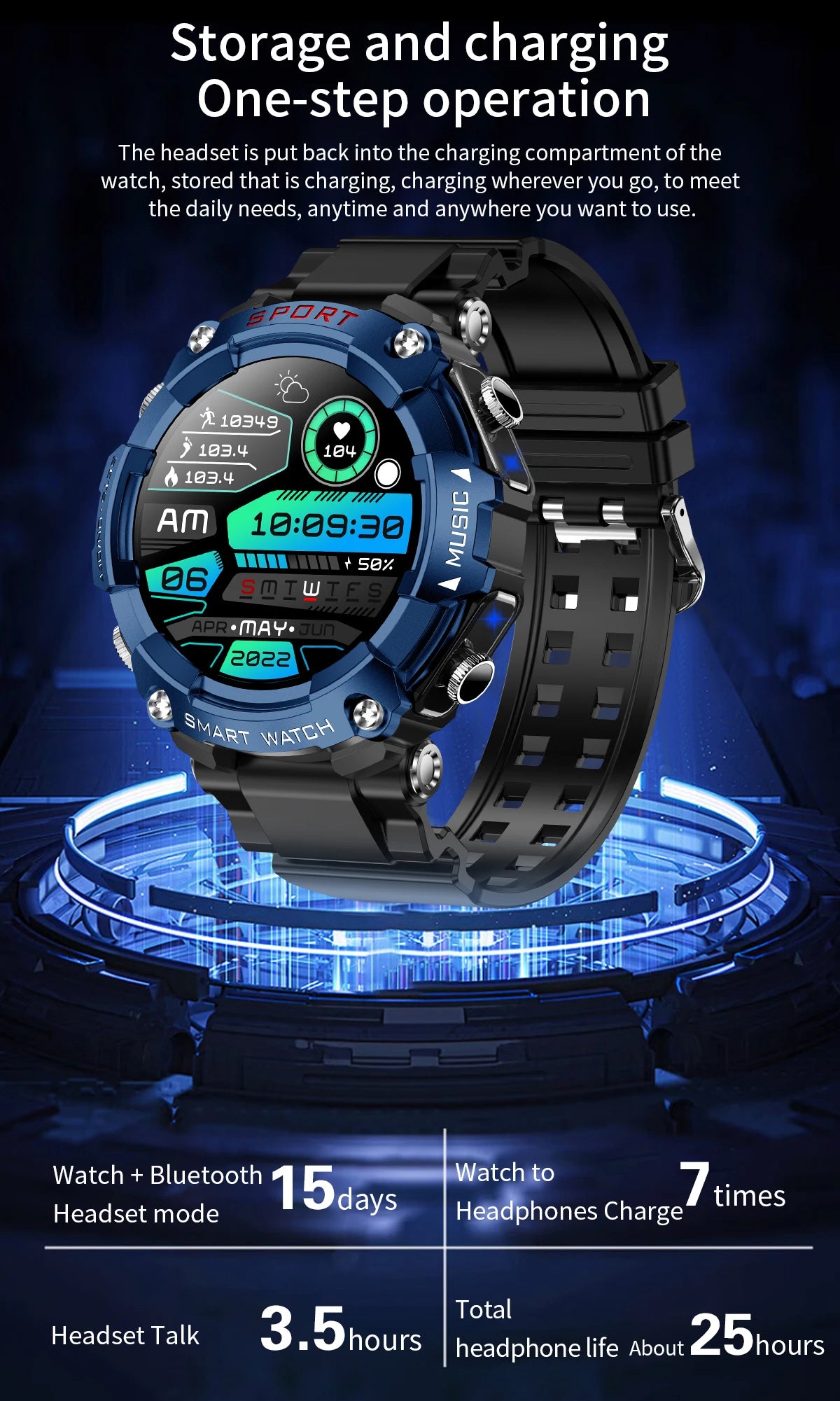Smart Watch AMOLED Display In-Ear Bluetooth Headset Heart Rate Blood P, Oxygen Sat. Monitoring HD