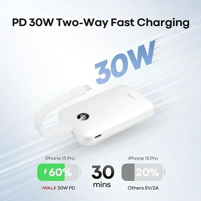 iWALK Magnetic Portable Charger 10000mAh: 15W Wireless 30W Fast Charging USB-C Cable iPhone,Samsung