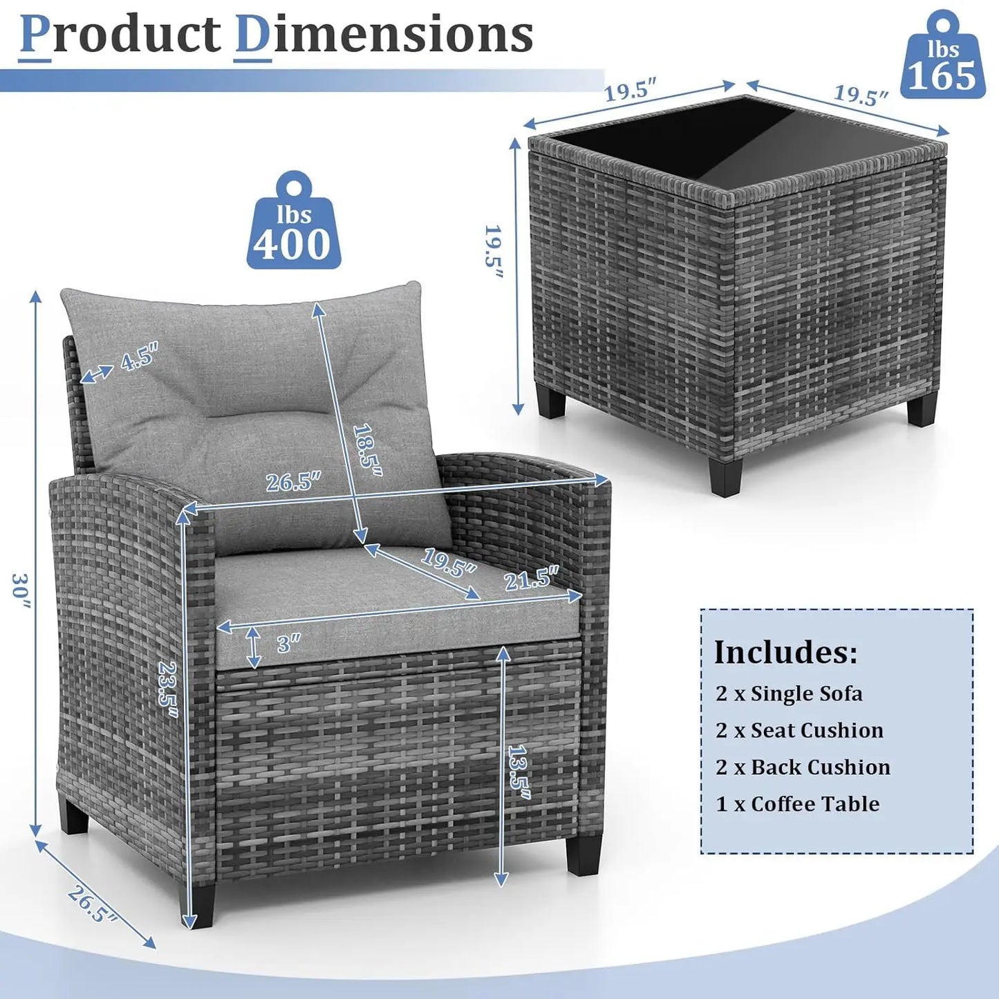 3 Piece Furniture Set, Outdoor Rattan Conversation Set Washable Cushions & Tempered Glass Tabletop