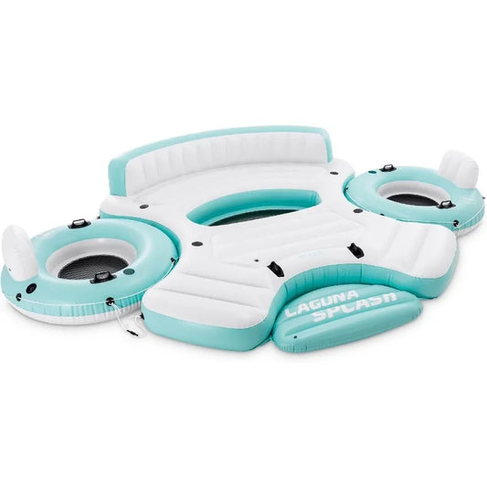 Laguna Splash Island Floating Water Raft, 2 Detachable Solo Lounge Tubes, Built-in Cupholders, Blue