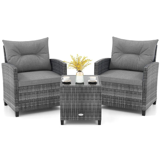 3 Piece Furniture Set, Outdoor Rattan Conversation Set Washable Cushions & Tempered Glass Tabletop