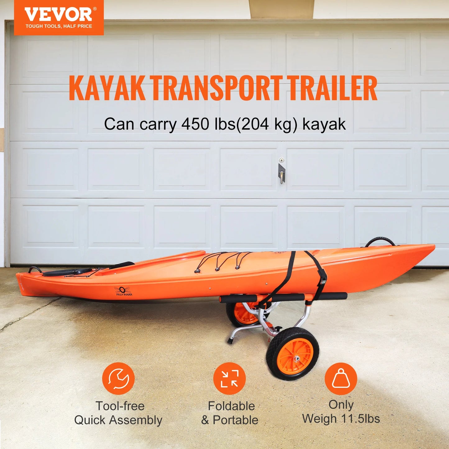 Kayak Cart 450lbs Detachable Canoe Trolley Cart with 12'' Tires Adjustable Width for Paddleboards