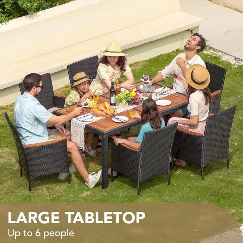 HOT-Dining 7 PCS Furniture, Patio Conversation Set, Acacia Wood Table Top, Rattan Outdoor, Black