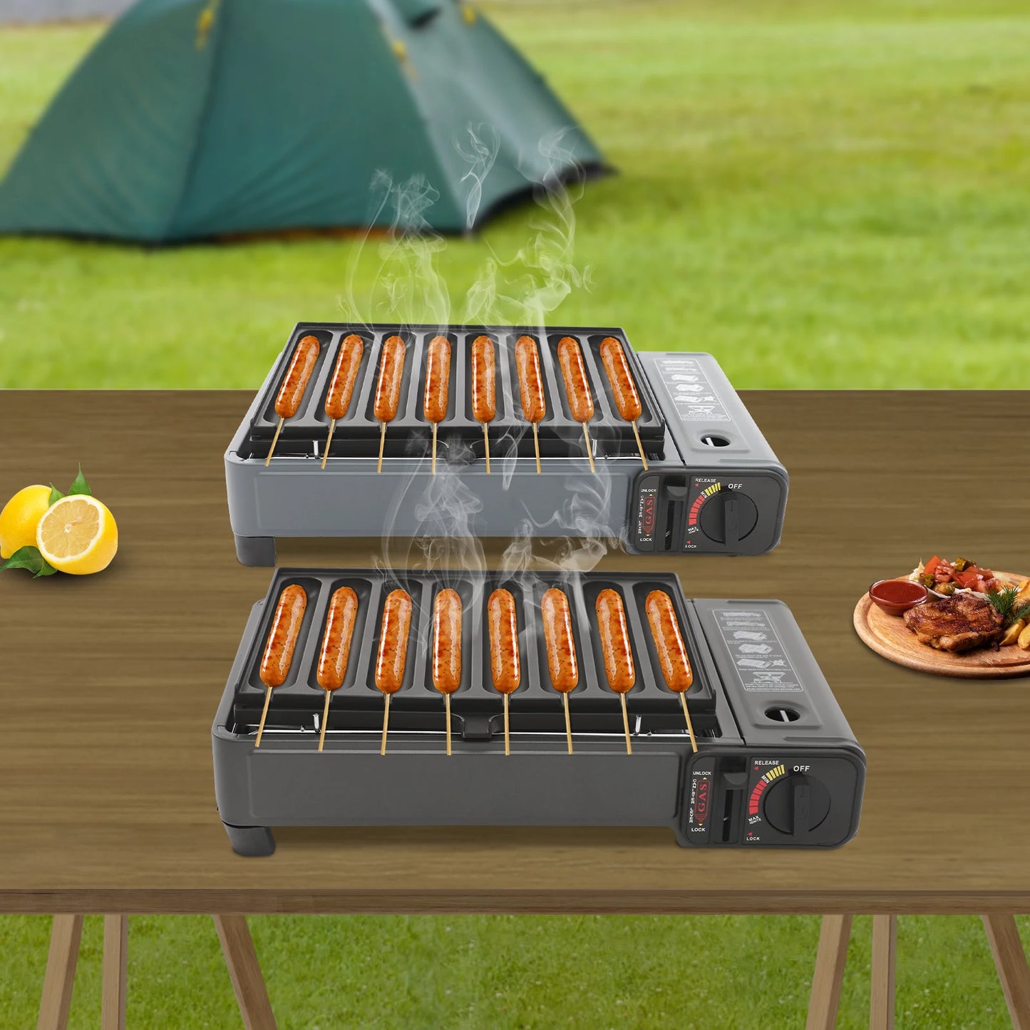 Gas Grill Stove,Sausage Grill Plate,Plastic Box Portable Camping Butane Stove Adjustable Flame