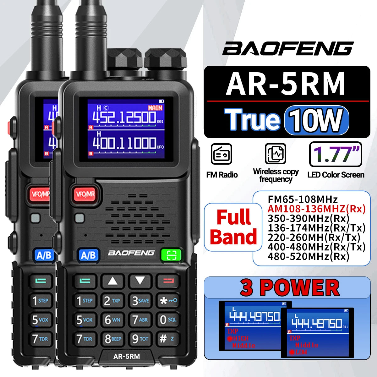 2PCS AR-5RM Multi Band Walkie Talkie,10W Wireless Copy Frequency 999CH 2500mAh UV-5RH Long Range Ham