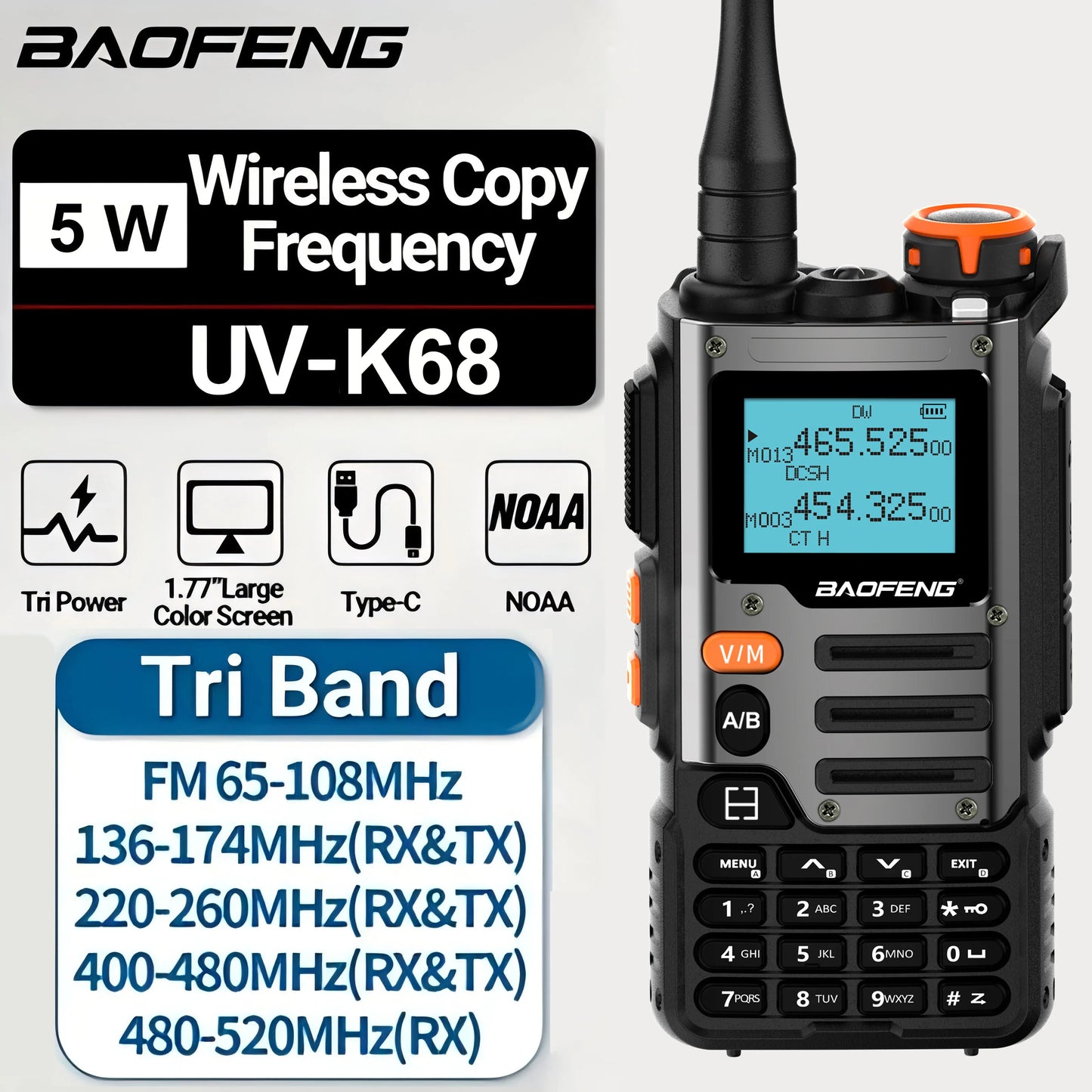 UV-K68 Walkie Air Band Radio TYPE-C K68 Charge UHF VHF DTMF FM NOAA Wireless Frequency Two Way