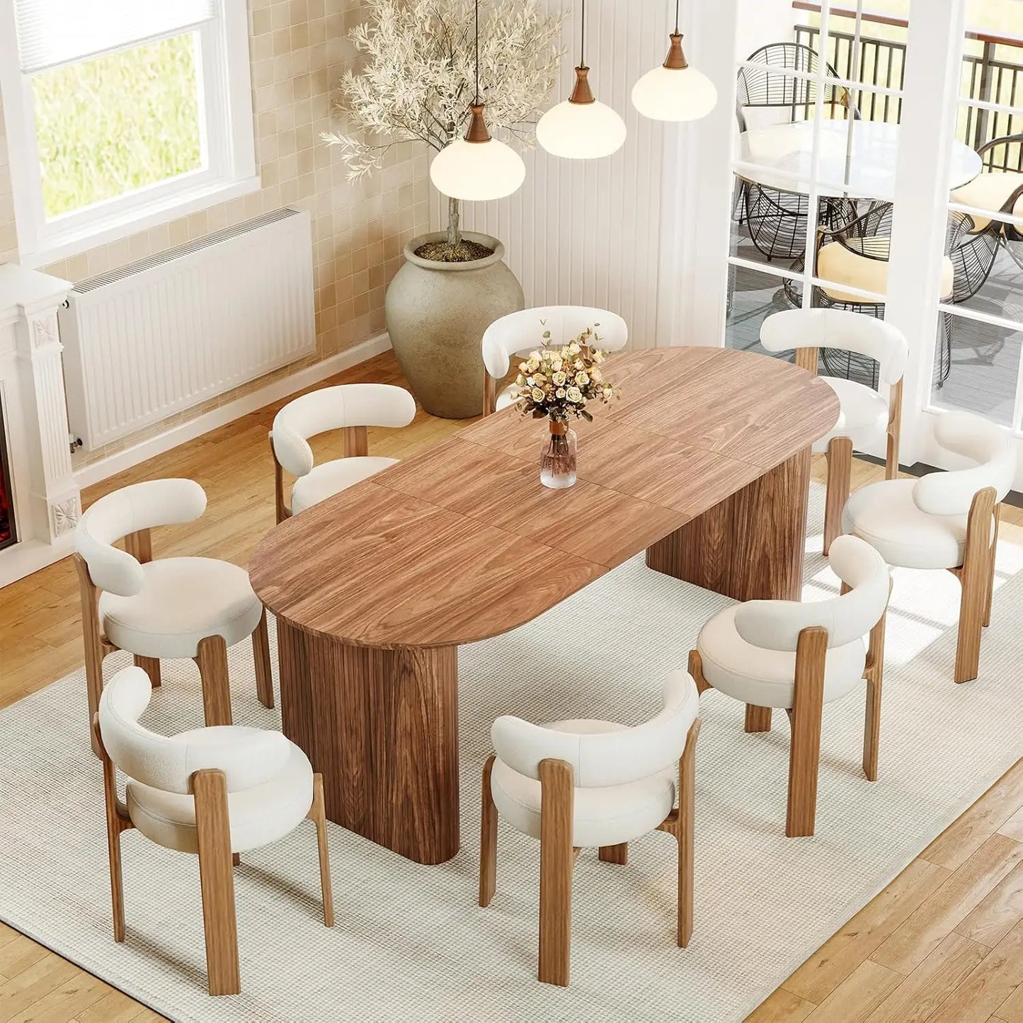 Extendable Oval Wooden Dining Table Seats 4-8 Curved Fluted Base 90in White Oak 4 Panels