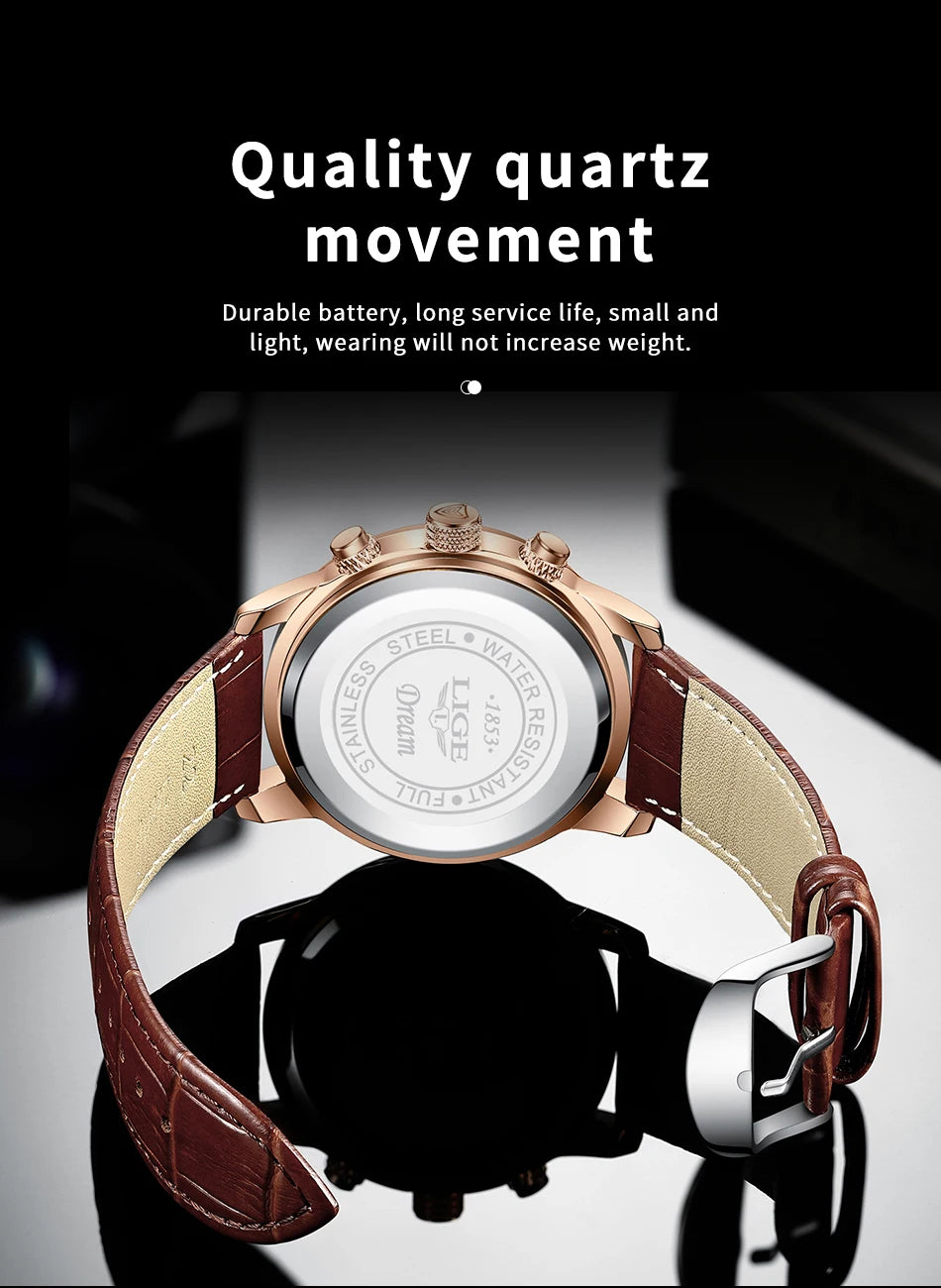 LIGE Business Watch Men Fashion Leather Military Waterproof Mn's Quartz 24 Hour Moon Phase