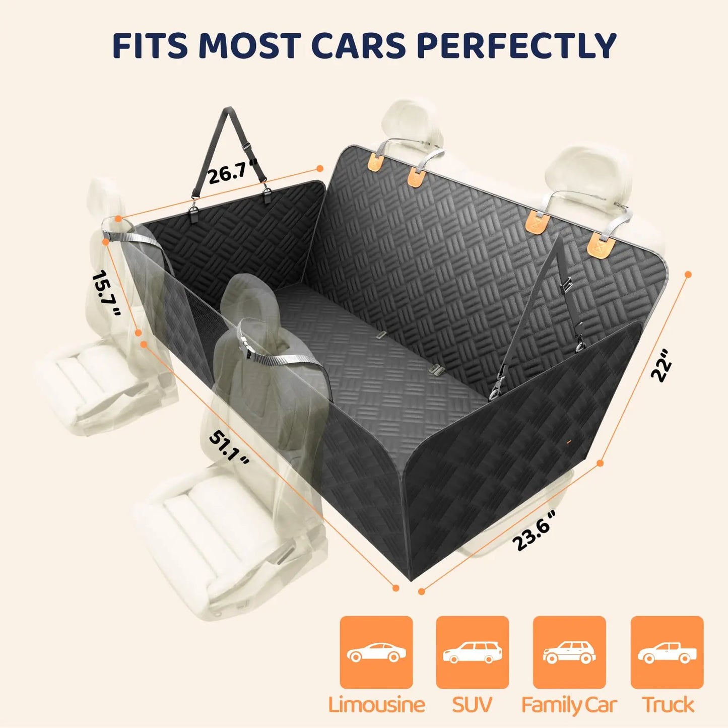 Car Rear Seat Seat Cover, Hard Bottom to 400 Pounds, 600D Heavy-Duty Anti-Scratch Washable Cars/Suvs