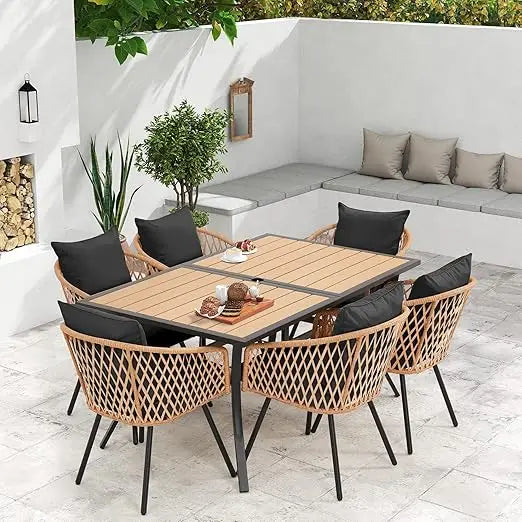 7-Piece All-Weather Rattan Patio Dining, 60" Wood Table, Removable Cushions & Umbrella Hole