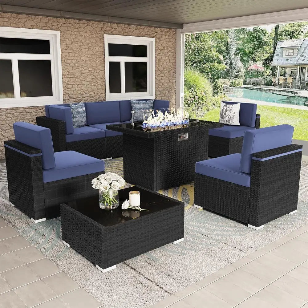 8-Piece Outdoor Wicker Sofa Set with Propane Fire Pit Table