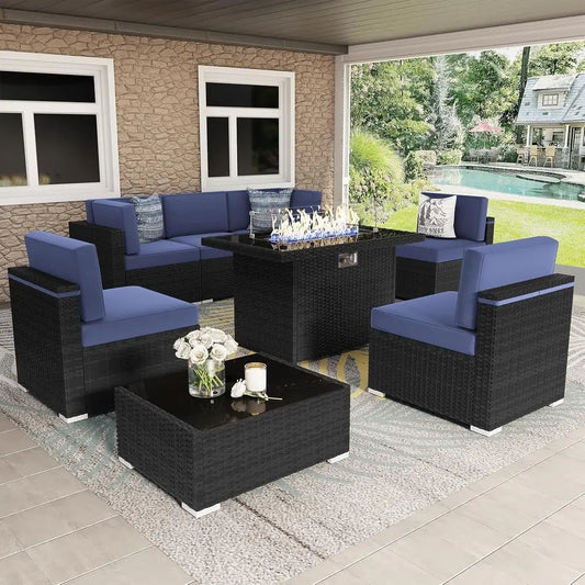 8-Piece Outdoor Wicker Sofa Set with Propane Fire Pit Table