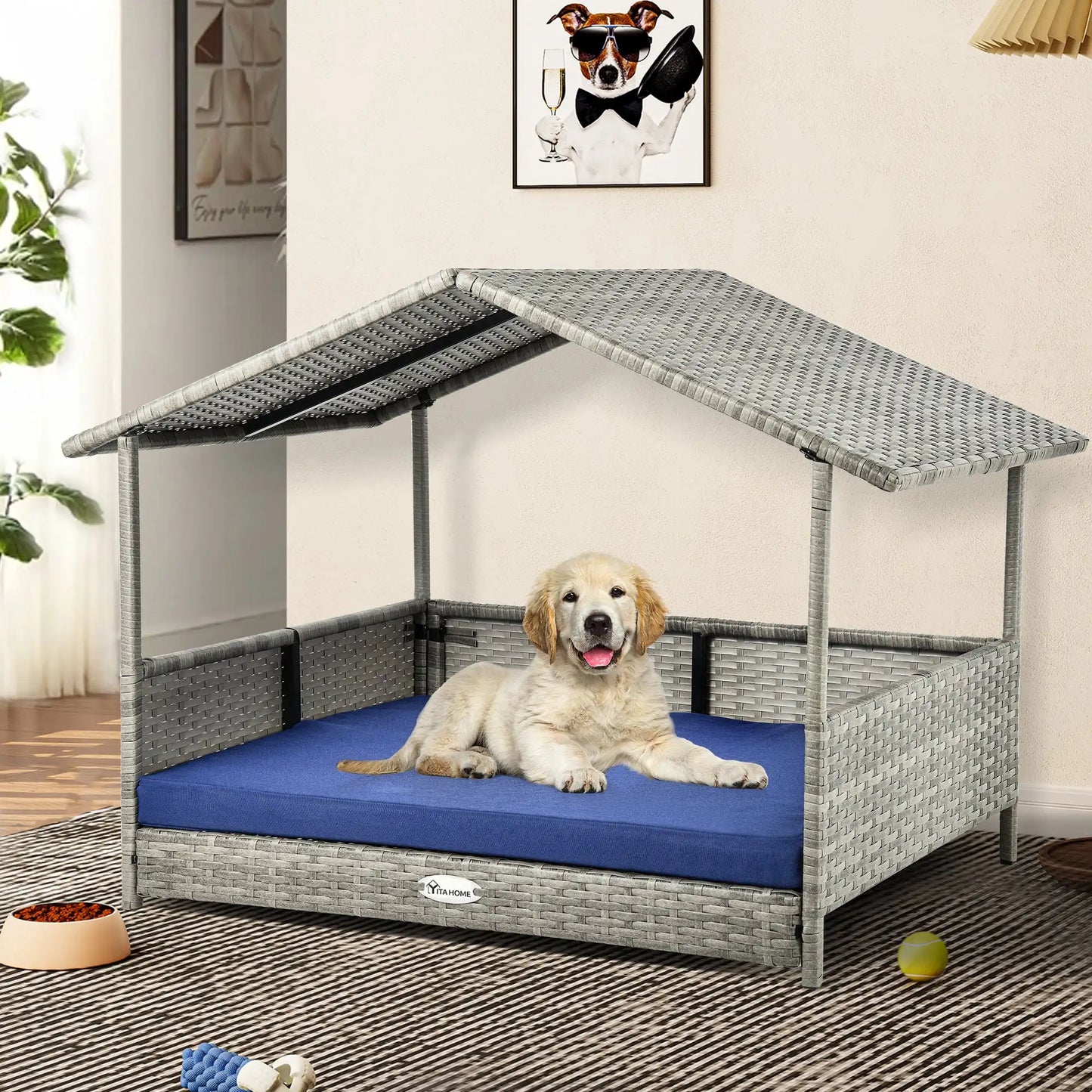 32.9in Outdoor Rattan Doghouse, Canopy, Elevated Water-Resistant, Blue Cushion for Small, Medium,