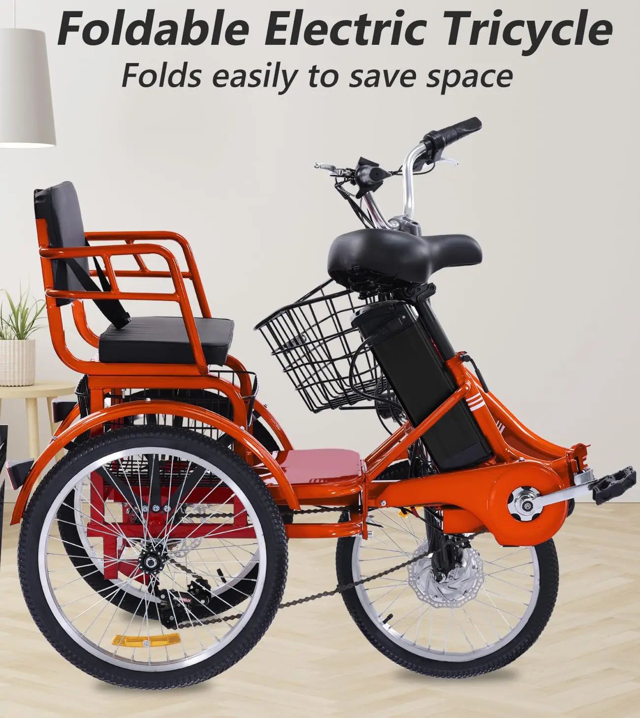 Two Seater E-Tricycle, Adults 48V-13Ah Folding,Motorized Trike w/Passenger seat, Customized