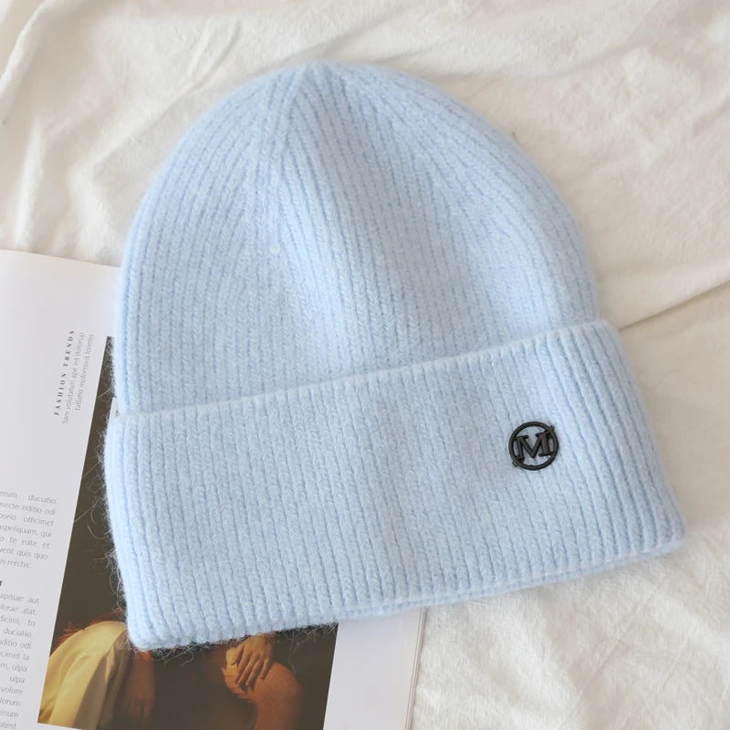 2024 Fluffy  Angora Hat Rabbit Fur Warm Winter Cashmere Wool Soft  Beanies Knitted Outdoor Female