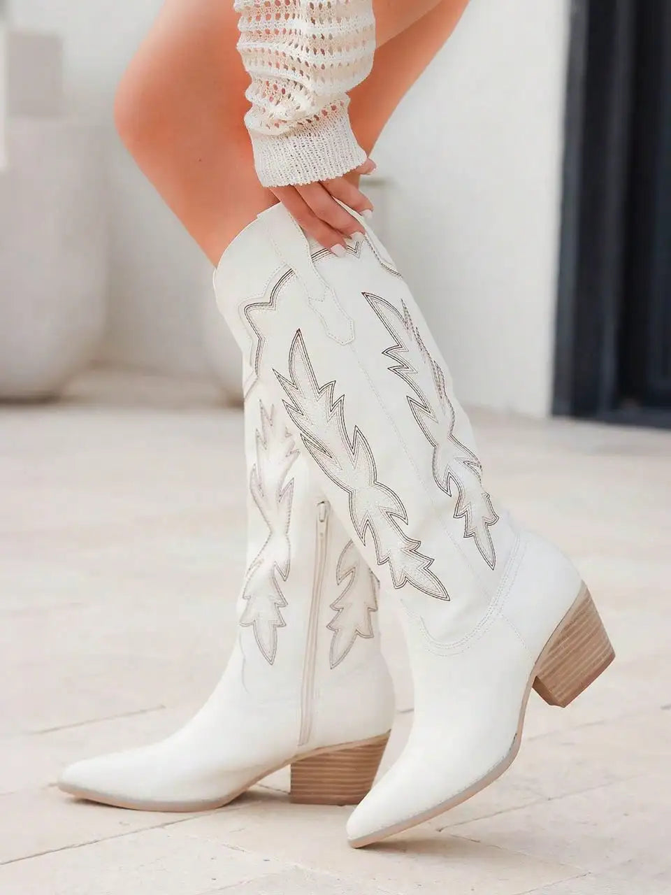 Embroidered Women's Western Knee High Block Heeled Side Zip Vintage Cowgirl Boots For Women