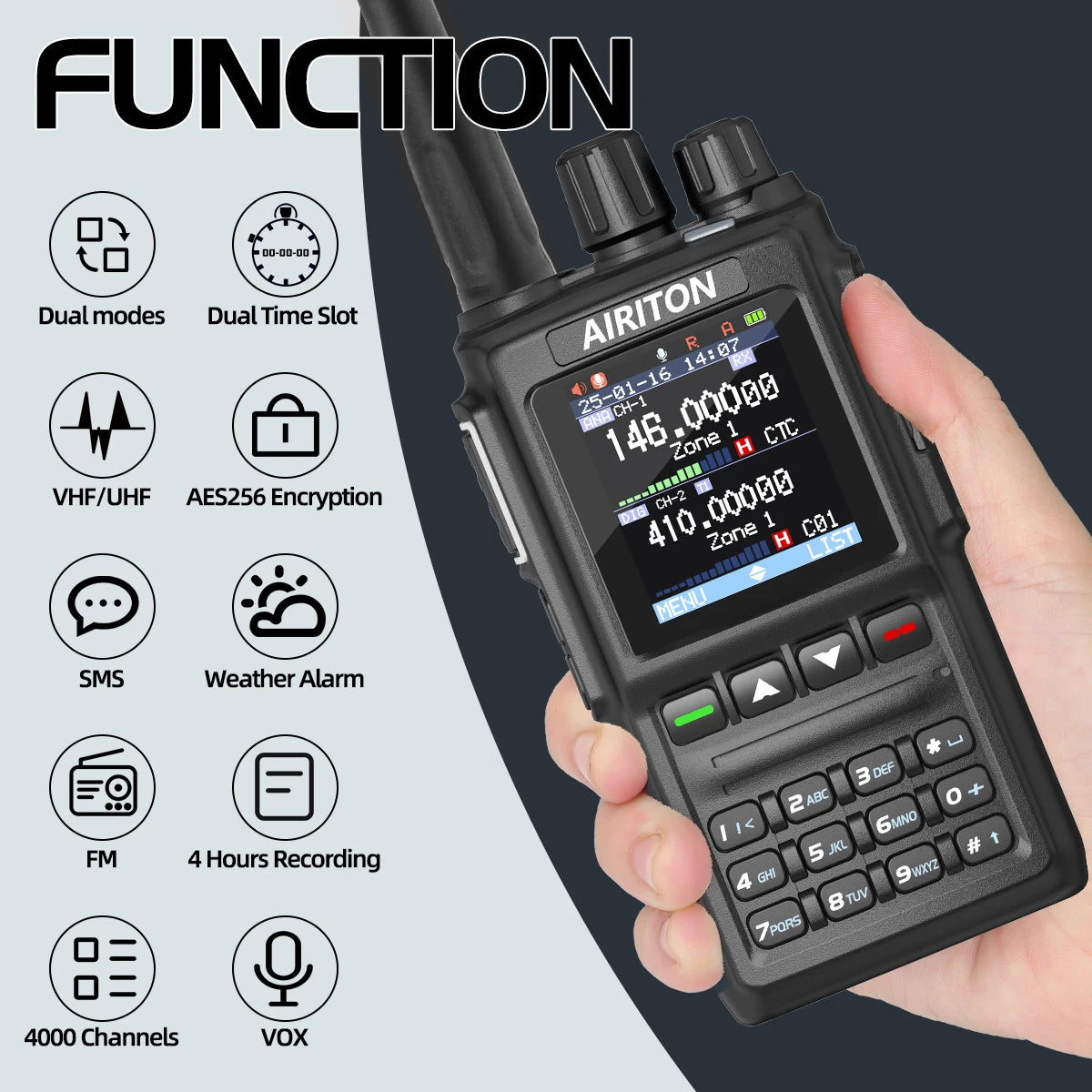 DM-168 Walkie Talkie AES256 Encryption DMR Digital/ Analog Dual Band FM, AT-D168UV  USB-C charging