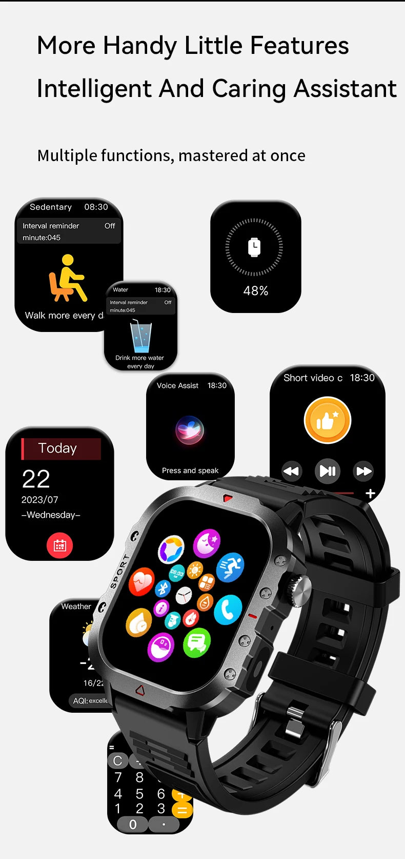 Smart Watch Bluetooth Voice Call LED Flashlight Health Monitor Outdoor Sports Smart