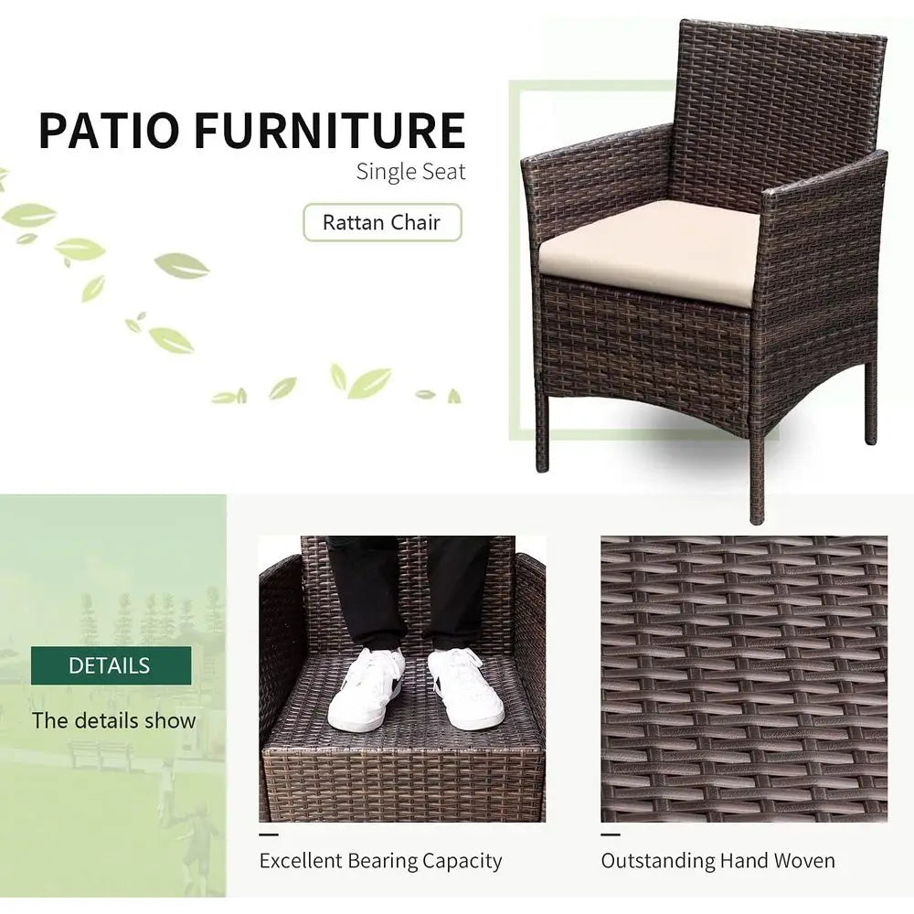 3-Piece Outdoor PE Rattan Patio Furniture Set with Cushions and Glass Coffee Table, Brown & Beige