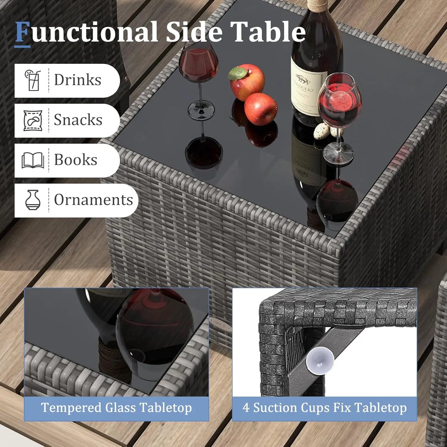 3 Piece Furniture Set, Outdoor Rattan Conversation Set Washable Cushions & Tempered Glass Tabletop