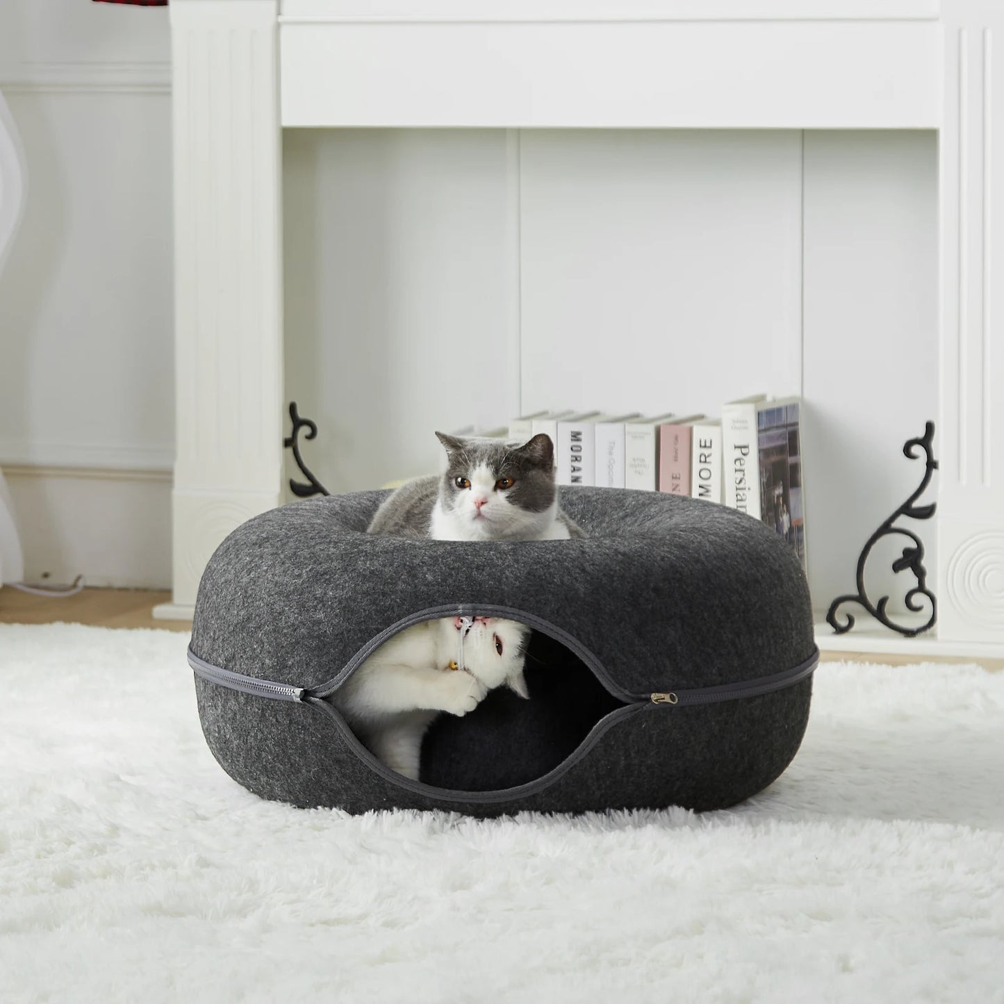 24"Large Donut Cat Bed Peekaboo Cat Cave for Multiple Cats Up to 30 Lbs, Washable Wool Felt Tunne