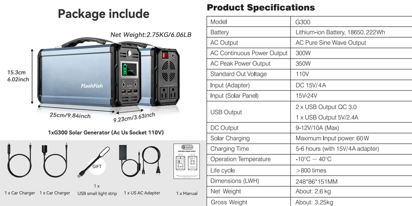 300W Solar Generator 222Wh Portable Power Station 60000mAh Rechargeable Lithium Battery Bank