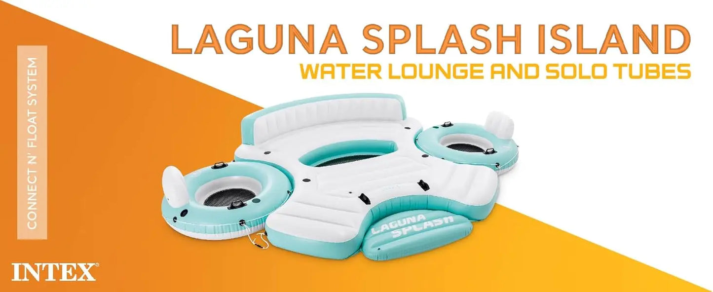 Laguna Splash Island Floating Water Raft, 2 Detachable Solo Lounge Tubes, Built-in Cupholders, Blue