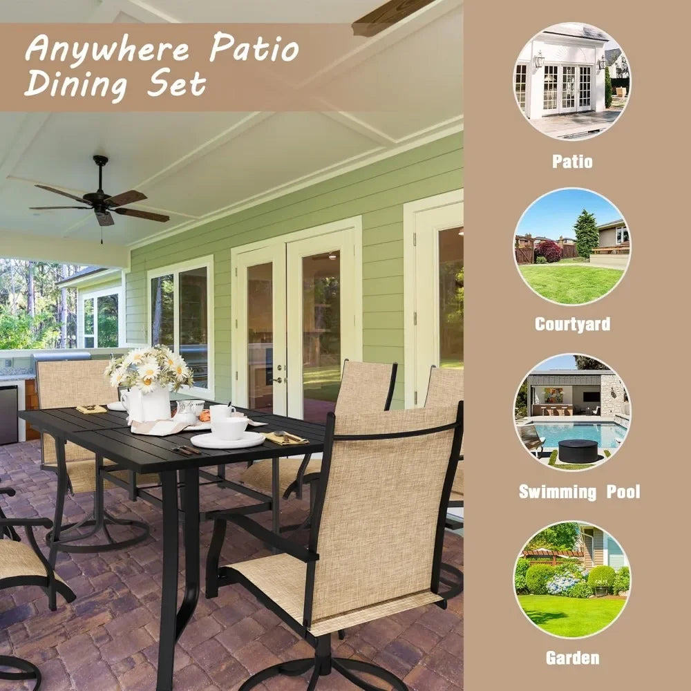 7-Piece Outdoor Dining Set – 6 Swivel Rocking Chairs & Large Aluminum Table w/Umbrella Hole (128c)